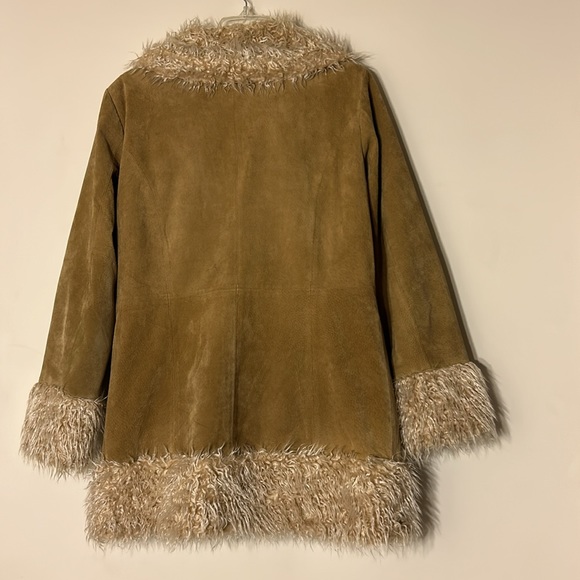 Vintage suede leather long faux fur sherpa trim beige long sleeve coat jacket - Picture 4 of 8